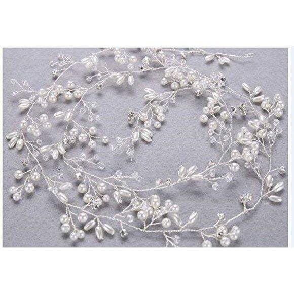 Bridal Hair Bands Crystals Wedding Headpieces, 20 Inches Pearl and Crystal Vine - Picture 6 of 9
